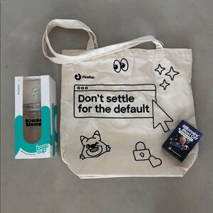 New Firefox Bundle Logo Tote, NIB Keep Cup Straw Clear Tumbler & Blast Off cards